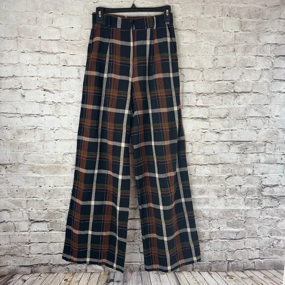 FRNCH Paris Women's Philo Woven Black Ivory Rust Plaid Pants Small 100% Cotton S - Picture 2 of 11